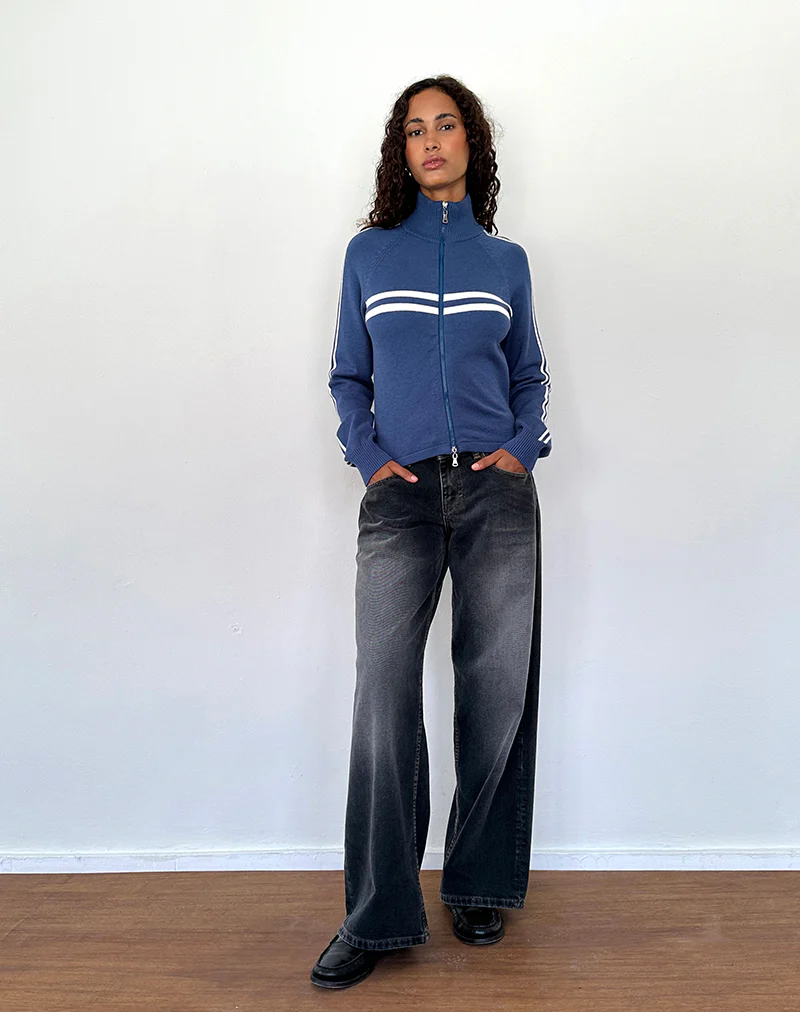Talisa Sporty Zip Through Jacket In Navy with Ivory Stripes - Image 5