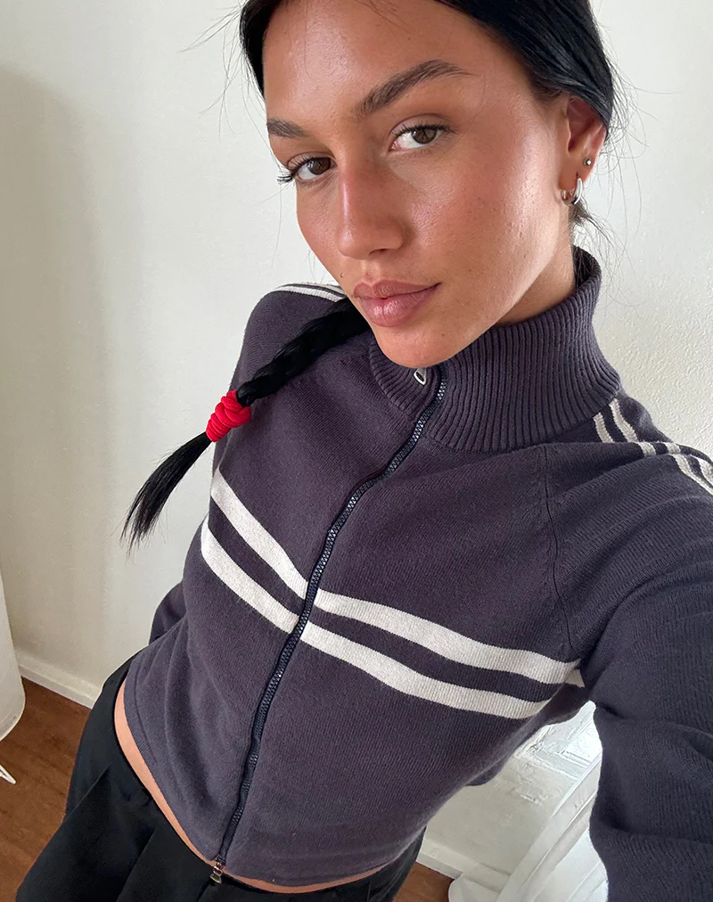 Talisa Sporty Zip Through Jacket In Charcoal with Light Grey Stripes - Image 5