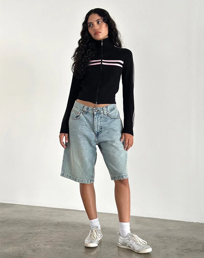 Talisa Zip Through Jacket in Black with Pink Stripe - Image 2