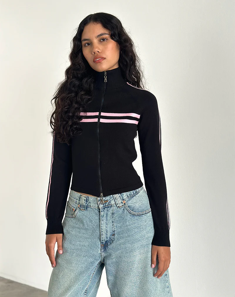Talisa Zip Through Jacket in Black with Pink Stripe - Image 3