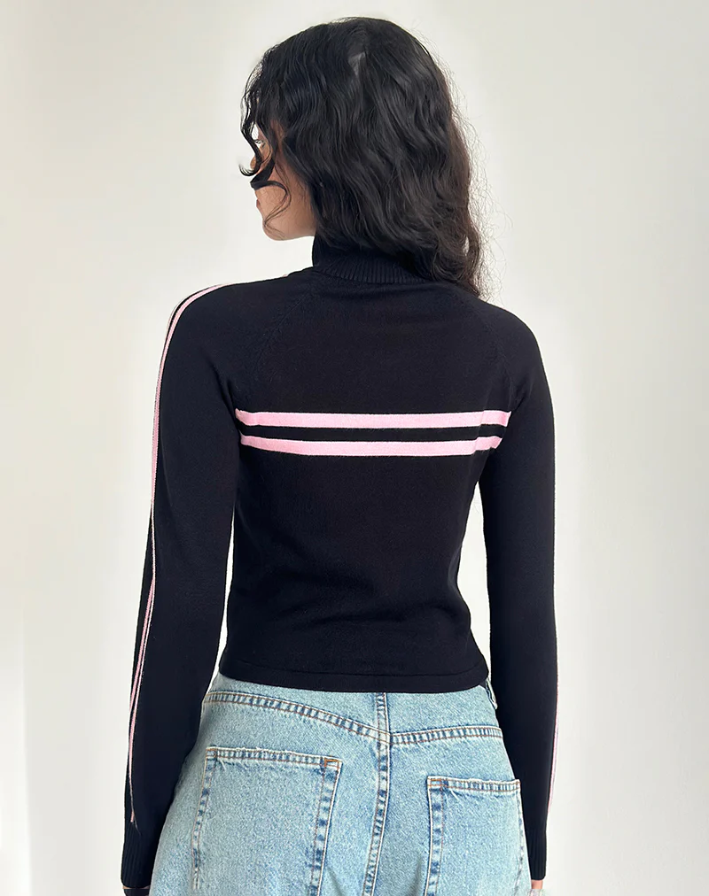 Talisa Zip Through Jacket in Black with Pink Stripe - Image 4