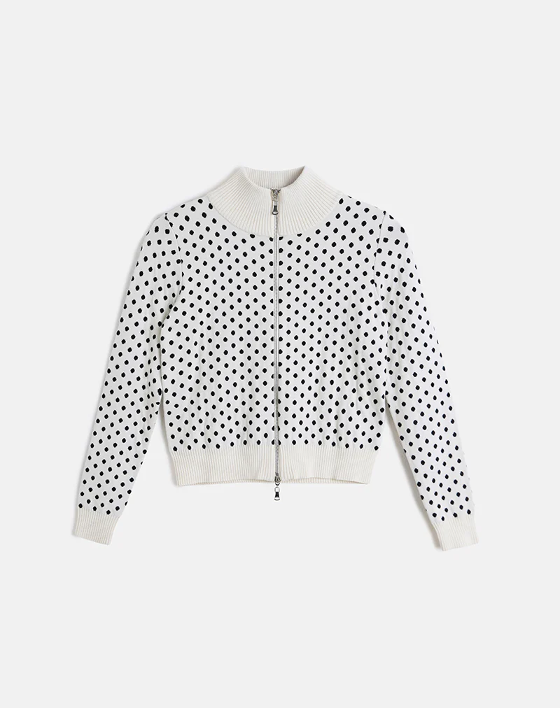 Talisa Zip Through Knit Jacket in Tiny Polka Ivory - Image 3
