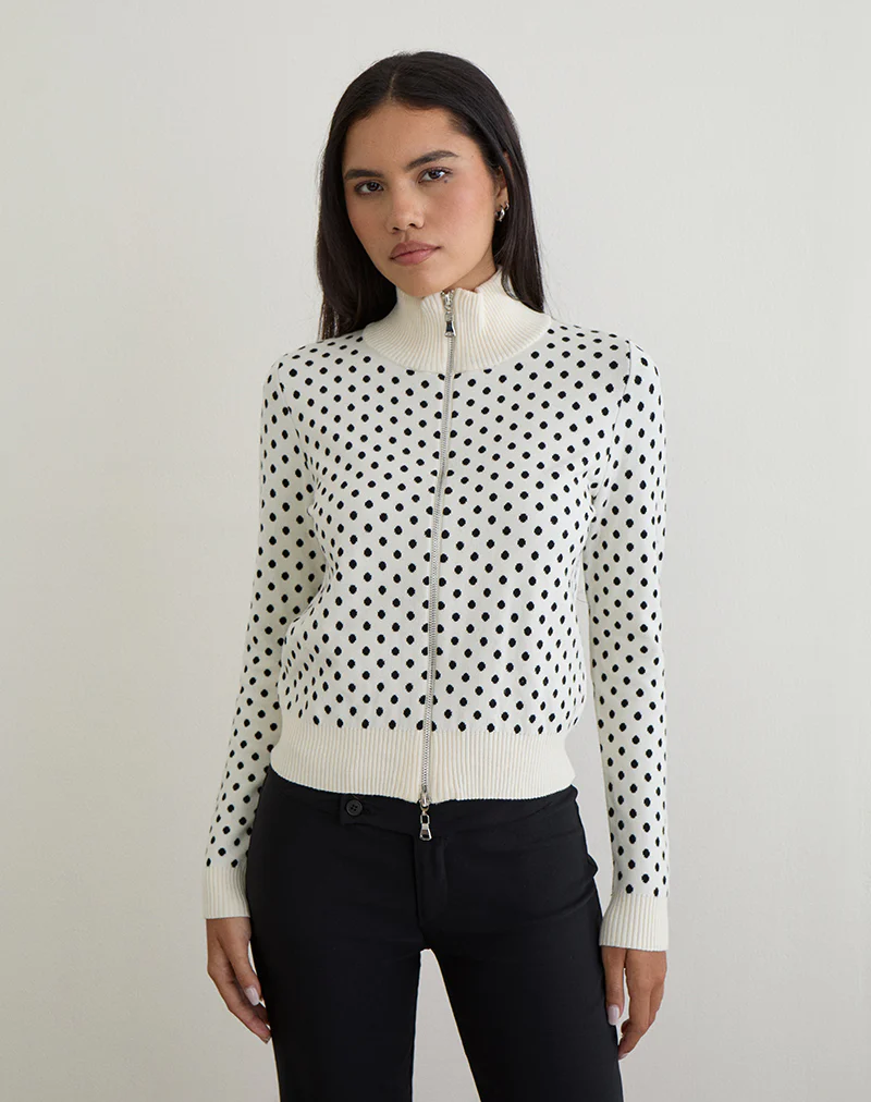 Talisa Zip Through Knit Jacket in Tiny Polka Ivory - Image 4