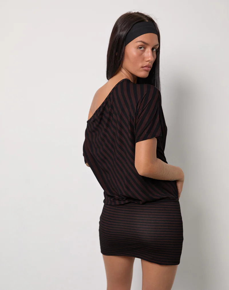 Talita Mini Dress in Diagonal and Mini Stripe Maroon - Image 3