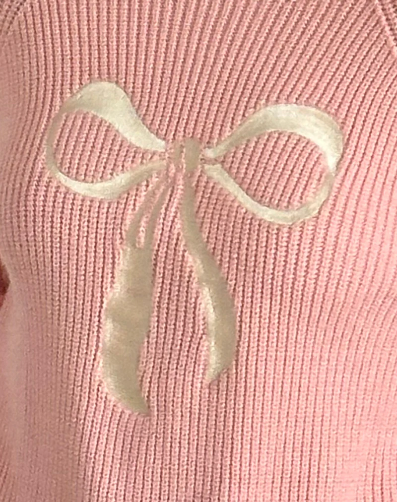 Tami Jumper in Knit Pink with White Bow Embroidery - Image 6