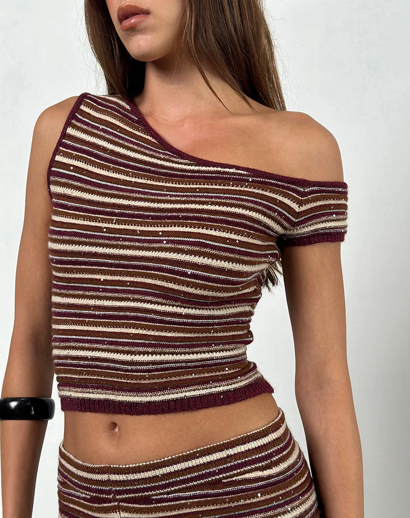 Tamia Off Shoulder Top in Shimmer Stripe Knit Rust - Image 2