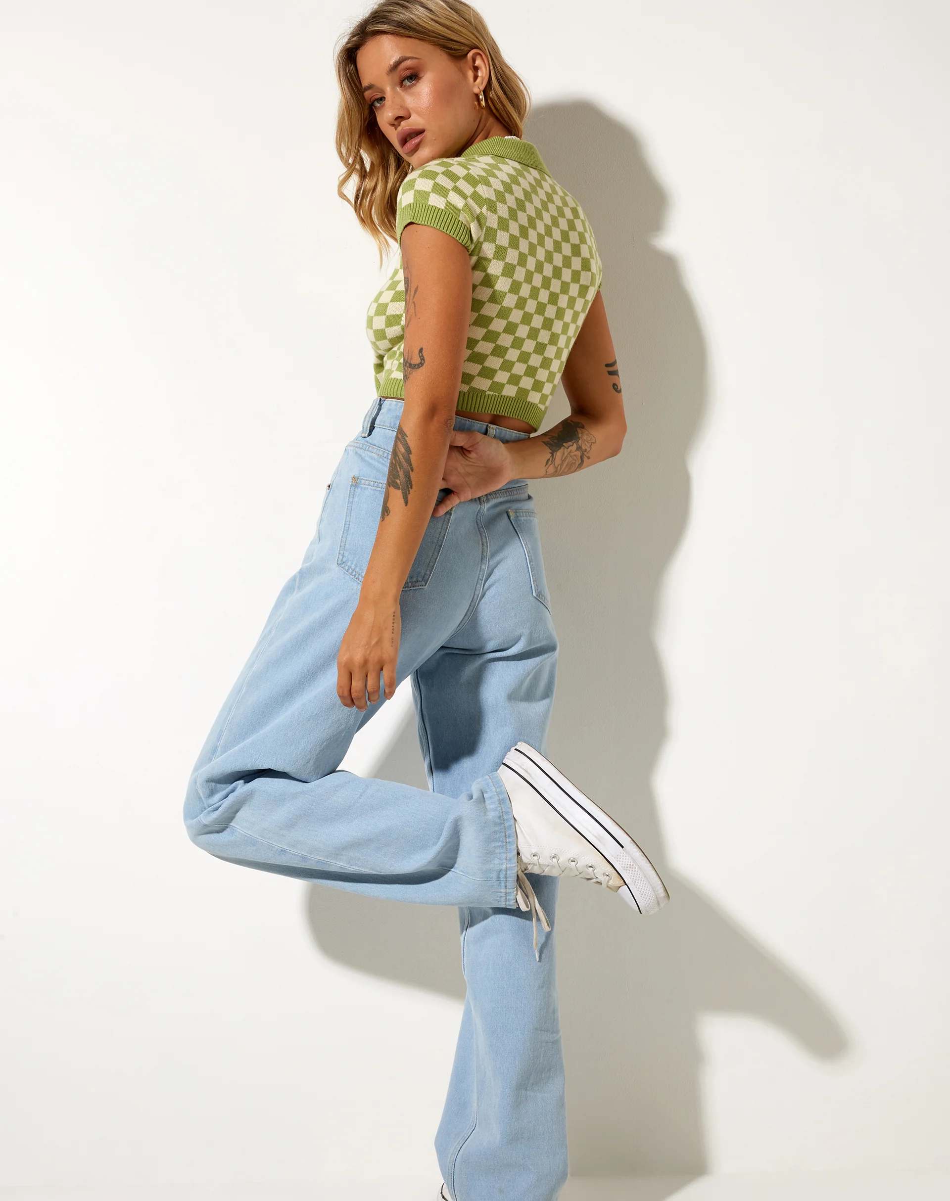 Tamma Crop Top in Crochet Checkerboard Green and Cream - Image 4