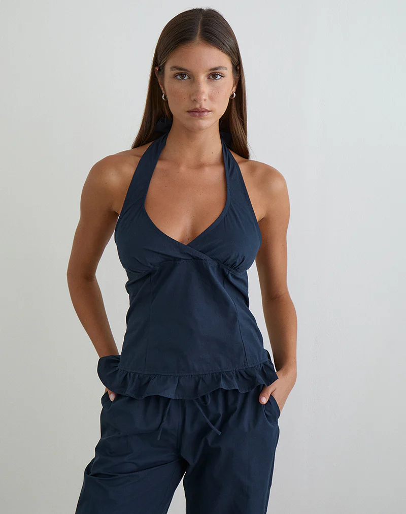 Tamzen Halterneck Top in Dark Navy with Frill Hem - Image 2