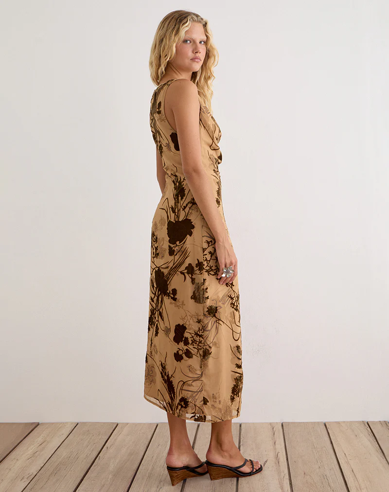Tana Cowl Maxi Dress in Floral Devore Beige - Image 4