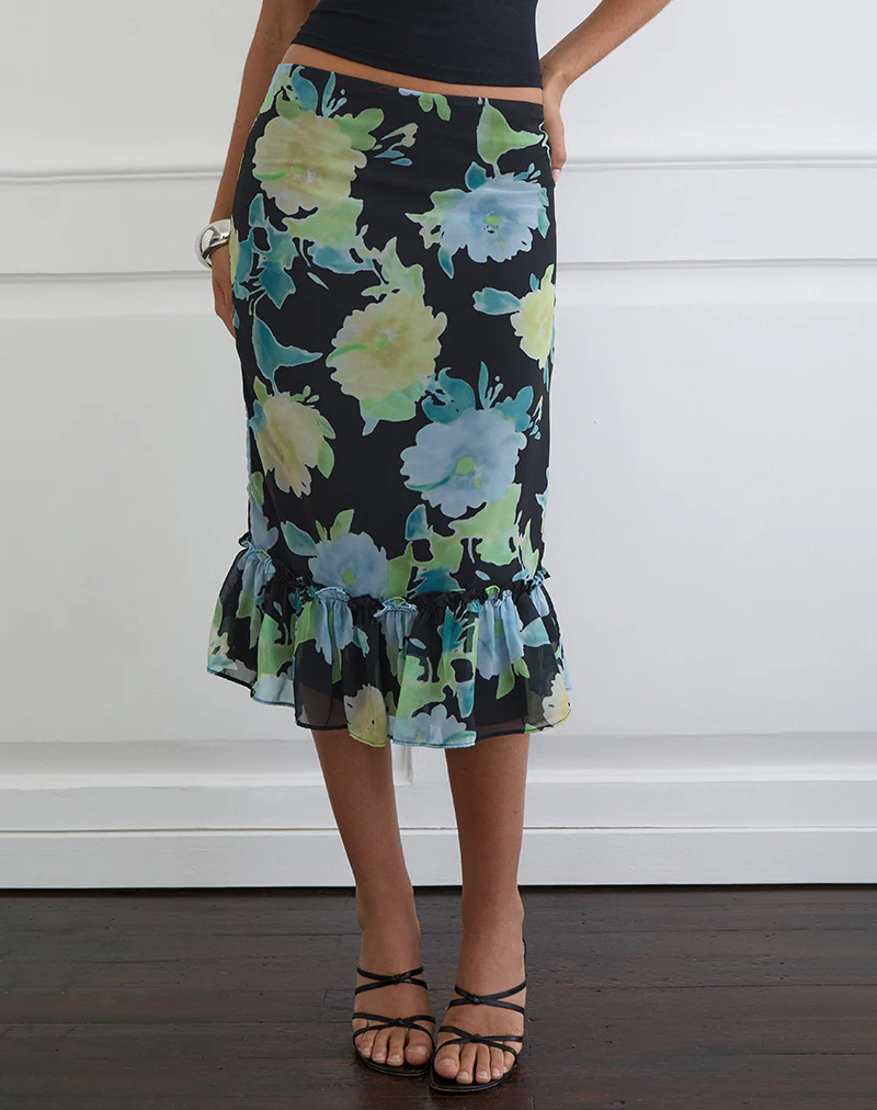 Tarla Midi Skirt in Black Chiffon with Crystal Flower Print - Image 2
