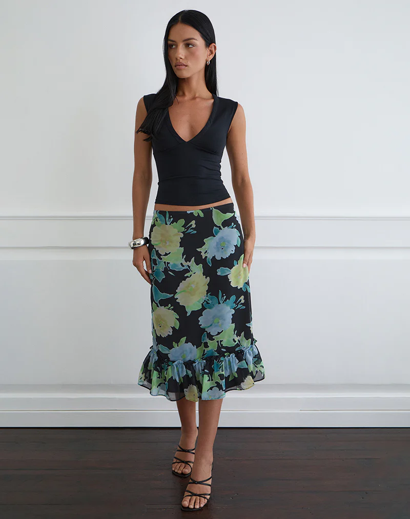 Tarla Midi Skirt in Black Chiffon with Crystal Flower Print - Image 4