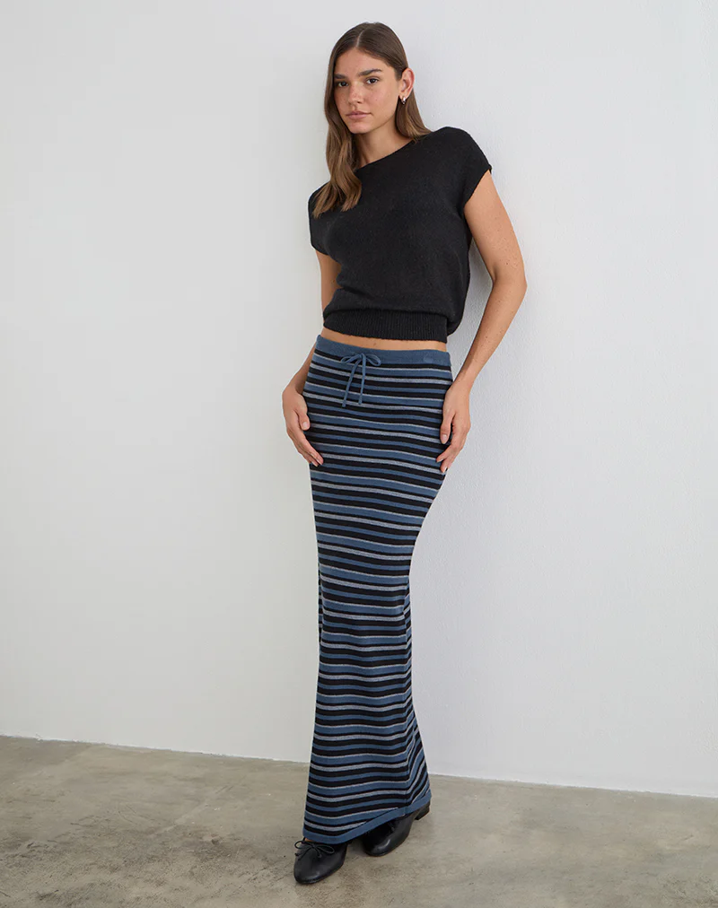 Tarmina Maxi Skirt in Knit Stripe Blue and Grey - Image 5