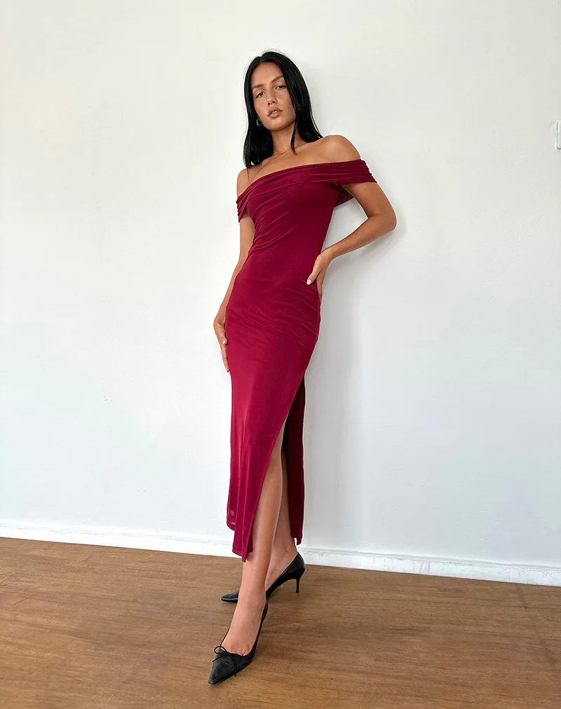 Tarna Bardot Maxi Dress in Mesh Burgundy - Image 4