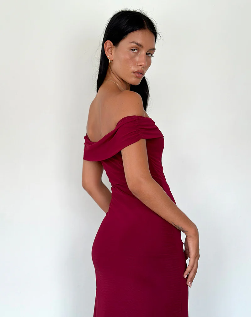 Tarna Bardot Maxi Dress in Mesh Burgundy - Image 5