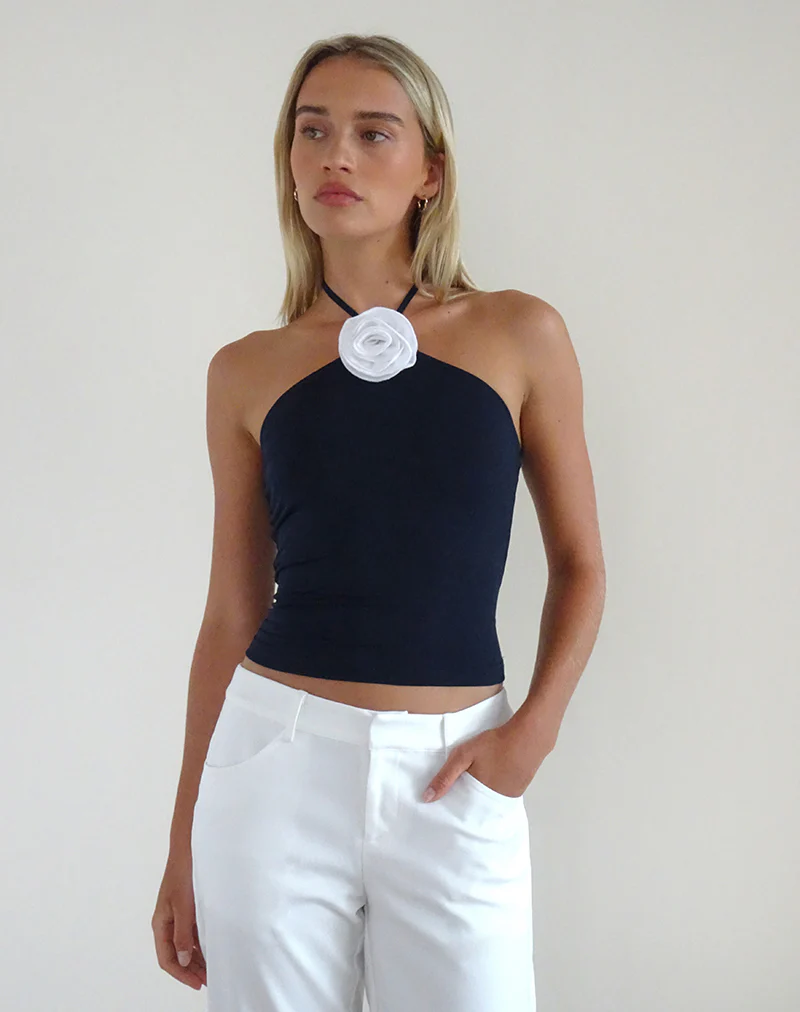 Tarrina Halterneck Top in Dark Navy with White Rosette - Image 2