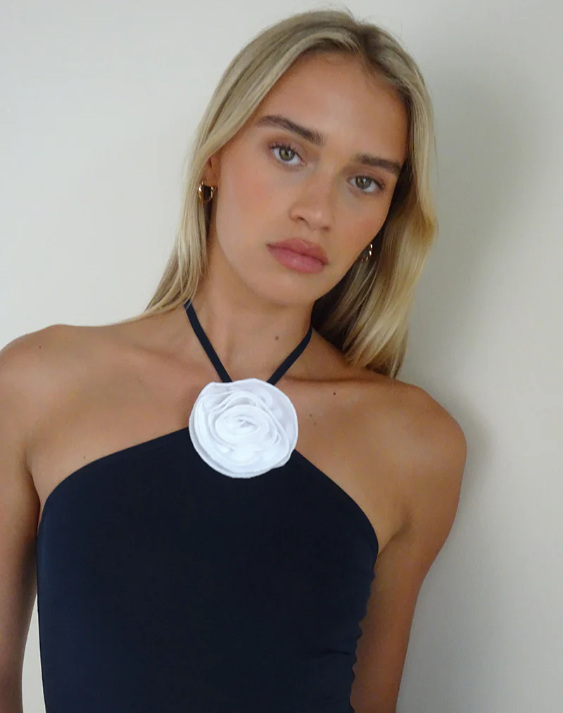 Tarrina Halterneck Top in Dark Navy with White Rosette - Image 3