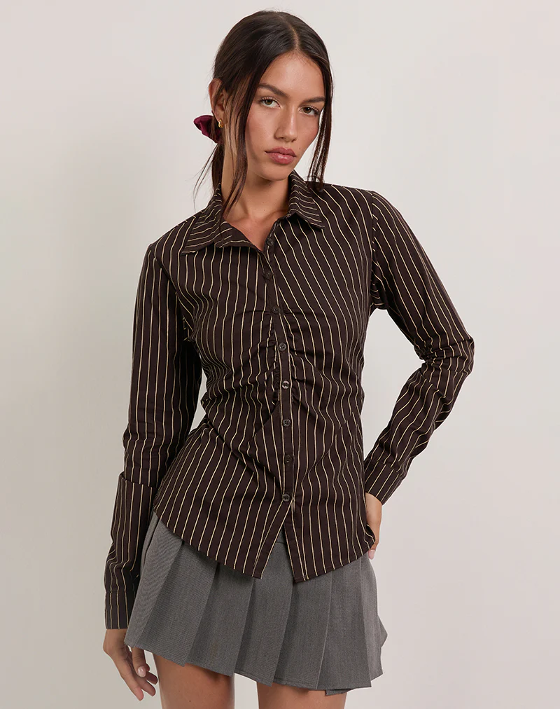 Tarsi Fitted Shirt in Mono Pinstripe Chocolate - Image 5
