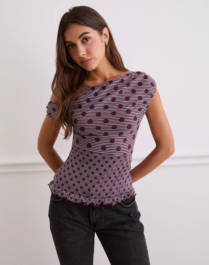 Tarya Asymmetric Top in Stripe Polka Plum - Image 3