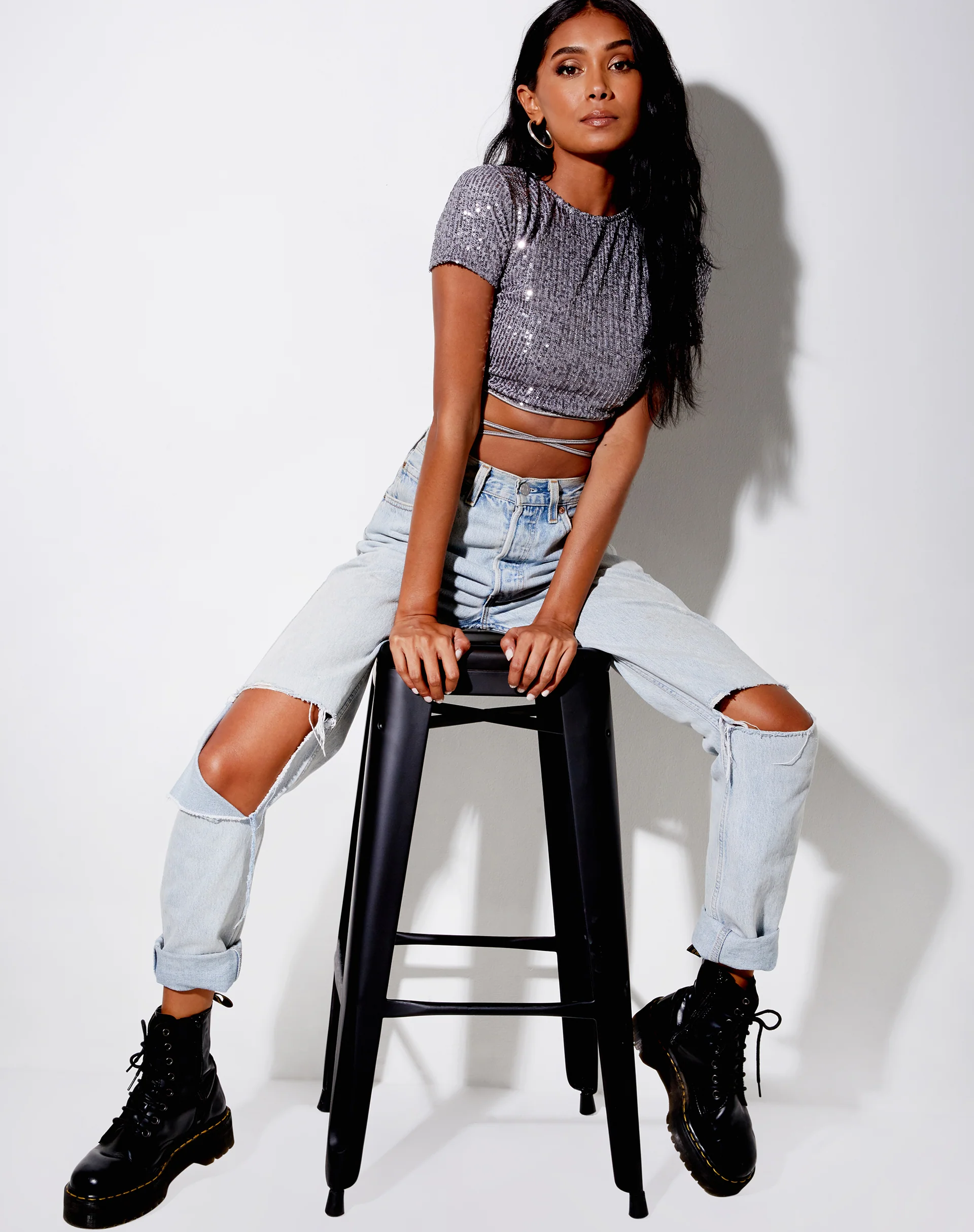 Tasya Crop Top in Drape Sequin Silver - Image 2