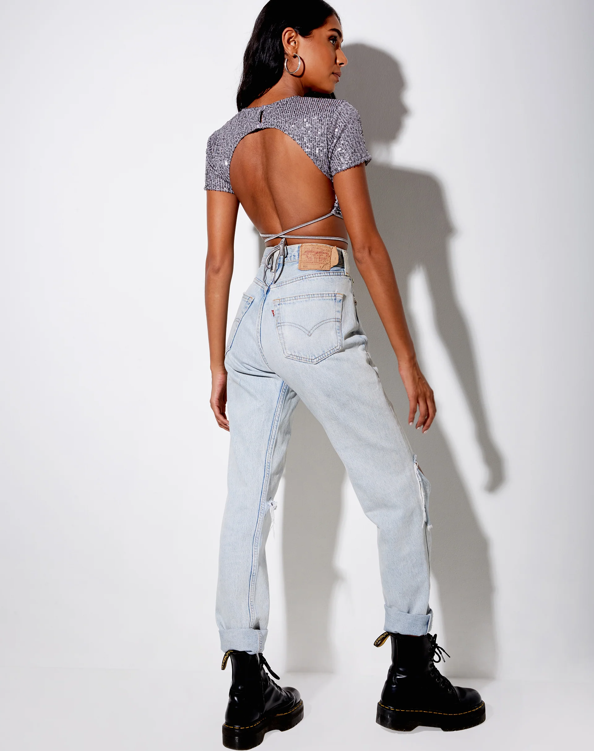Tasya Crop Top in Drape Sequin Silver - Image 4