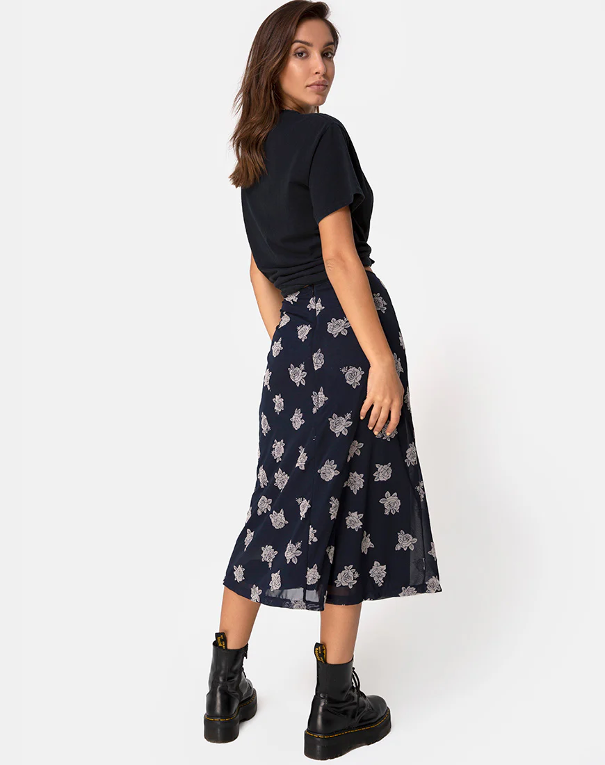 Tauri Midi Skirt in Black Flock Rose - Image 2