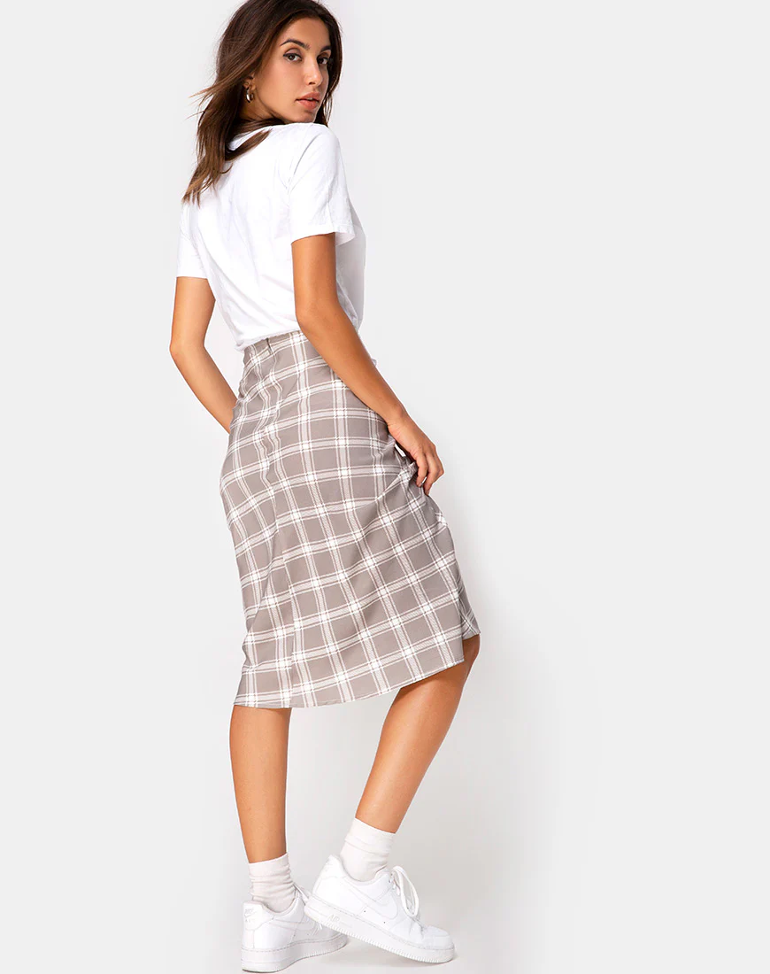 Tauri Midi Skirt in Grunge Check Taupe - Image 4