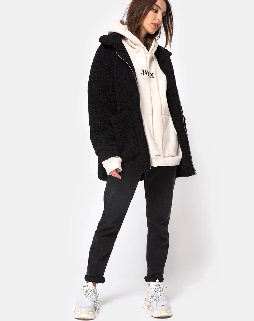 Teddy Bear Wool Coat in Black - Image 3