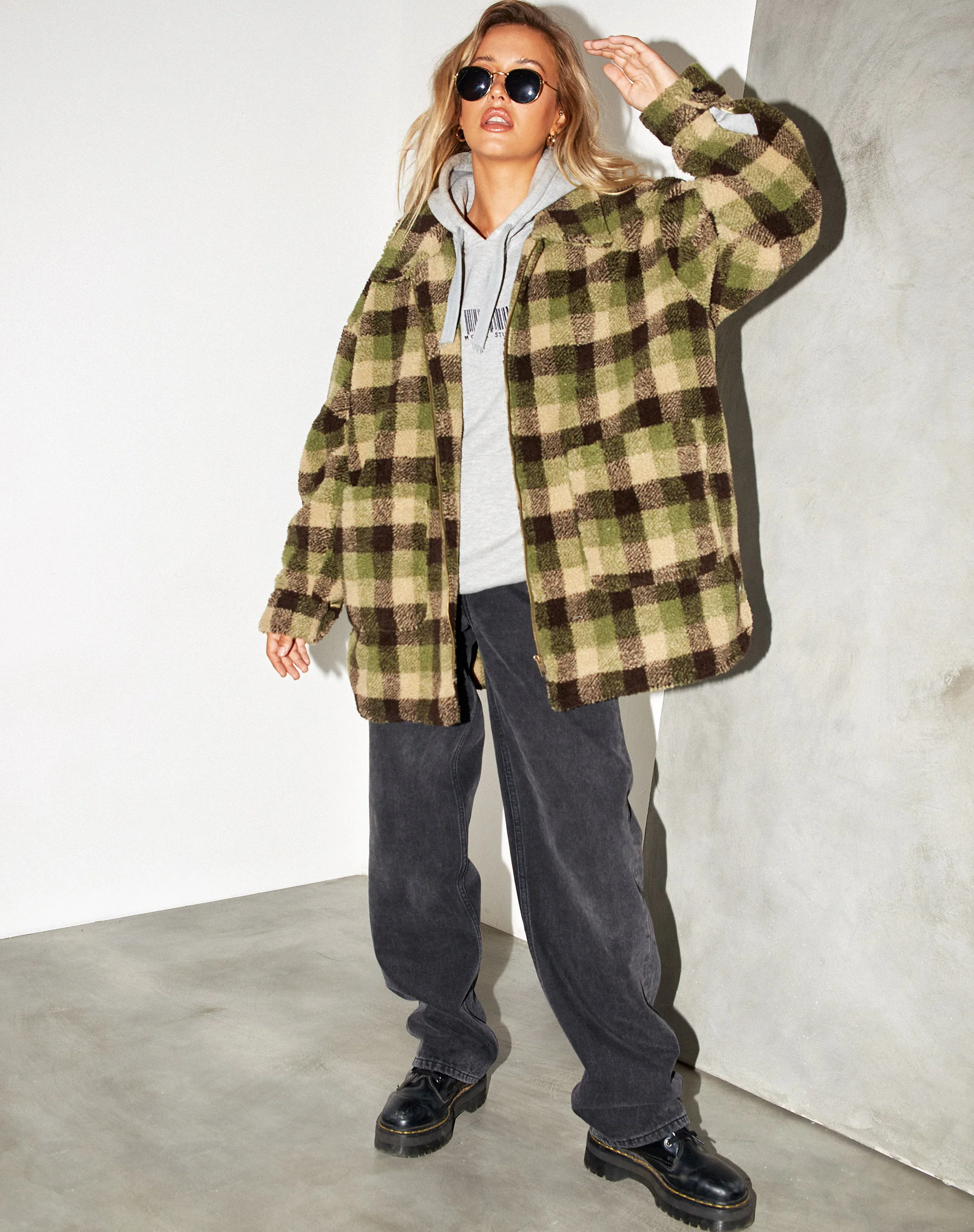Teddy Coat in Green Check Borg - Image 3