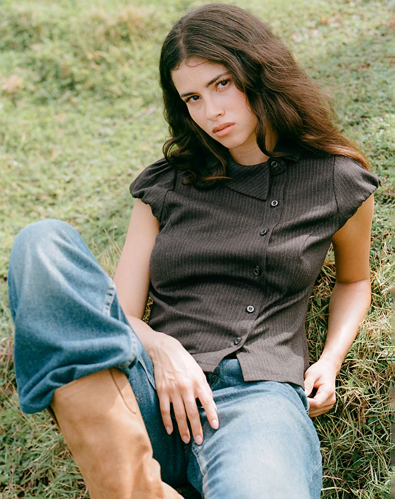 Telese Asymmetric Shirt in Dusky Pinstripe Grey - Image 2