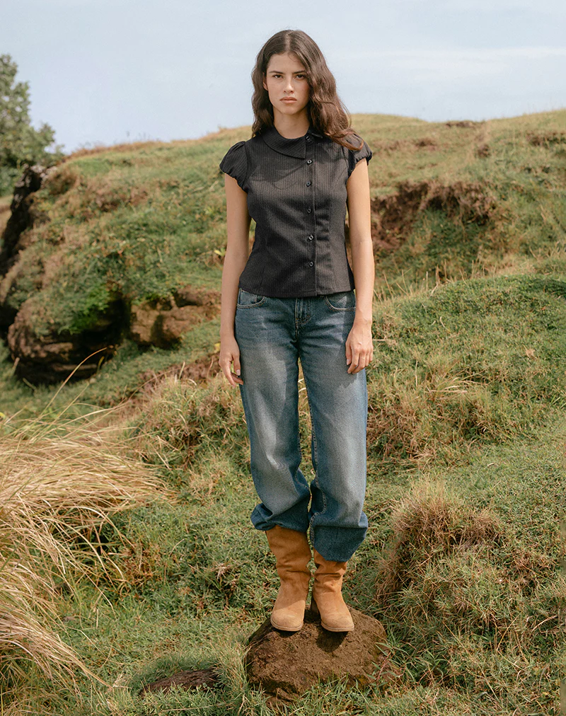 Telese Asymmetric Shirt in Dusky Pinstripe Grey - Image 3