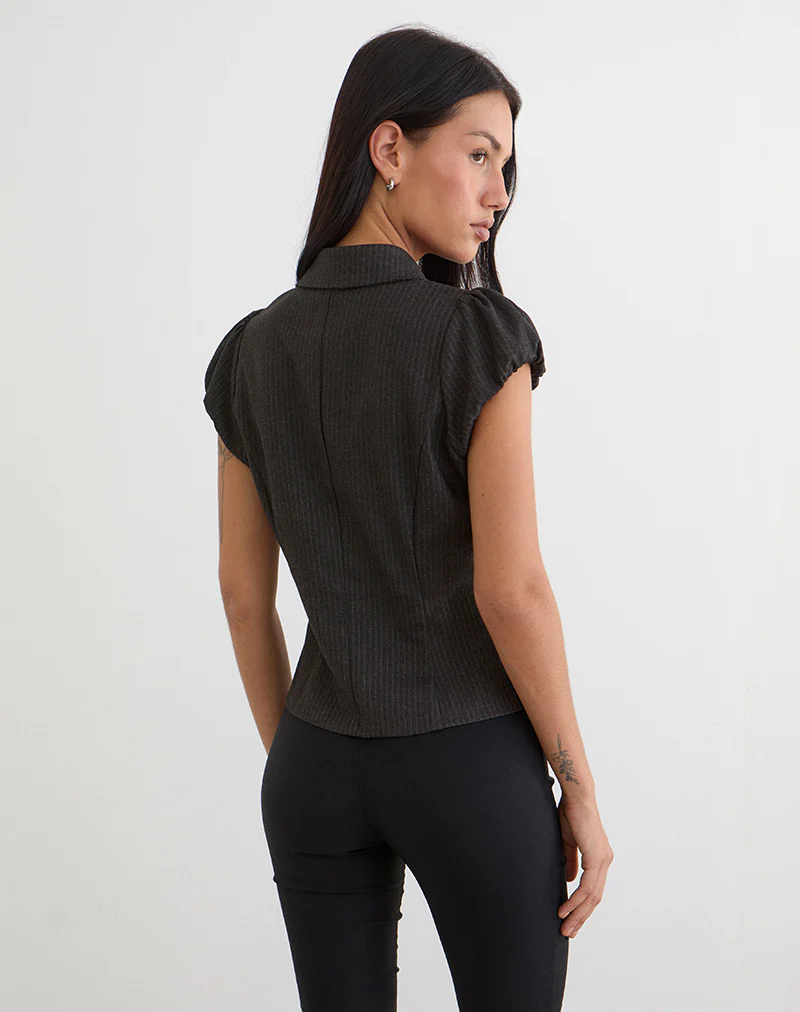 Telese Asymmetric Shirt in Dusky Pinstripe Grey - Image 5