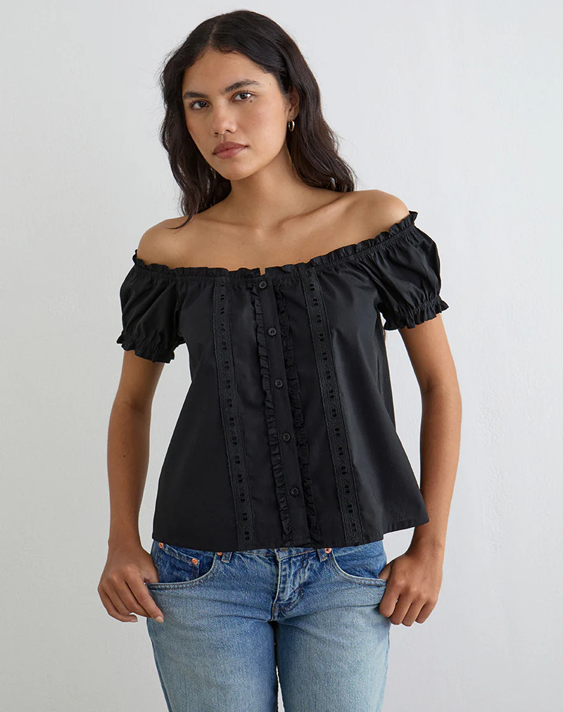 Tempest Bardot Puff Sleeve Top in Poplin Black - Image 2
