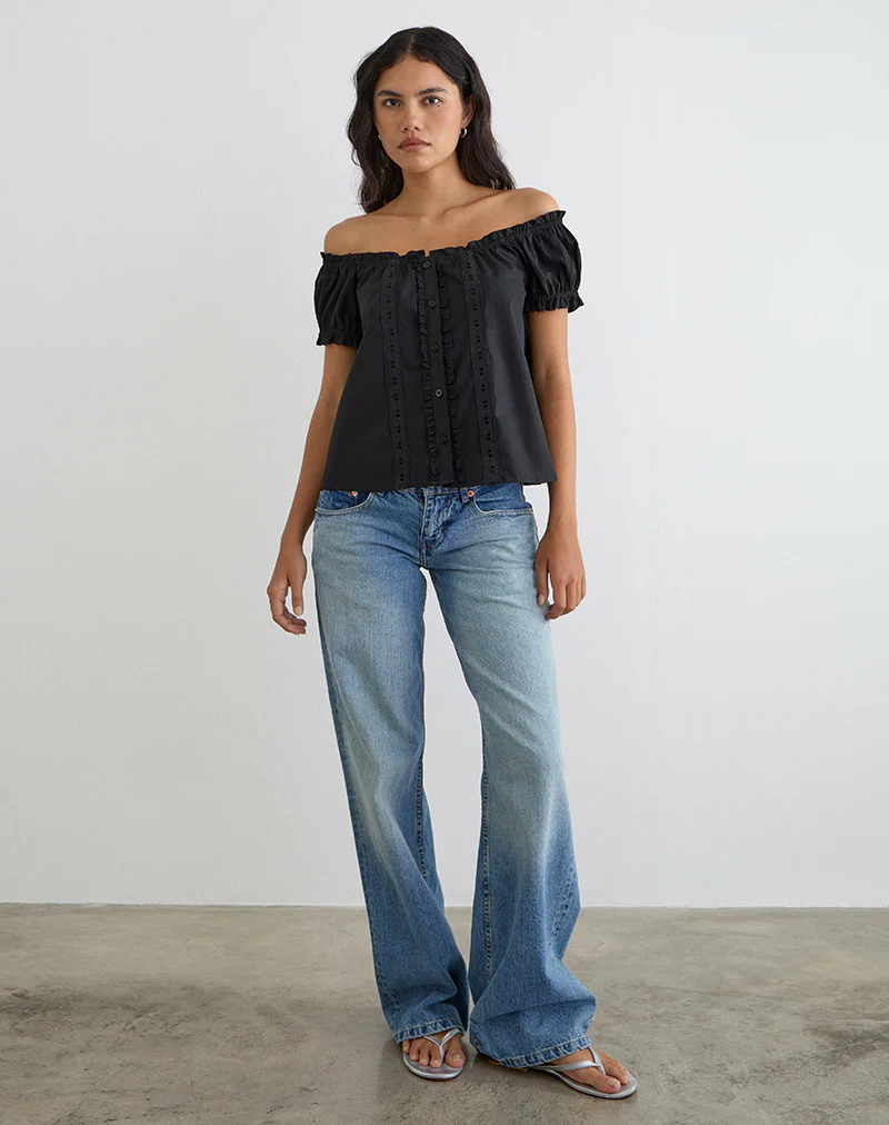 Tempest Bardot Puff Sleeve Top in Poplin Black - Image 3