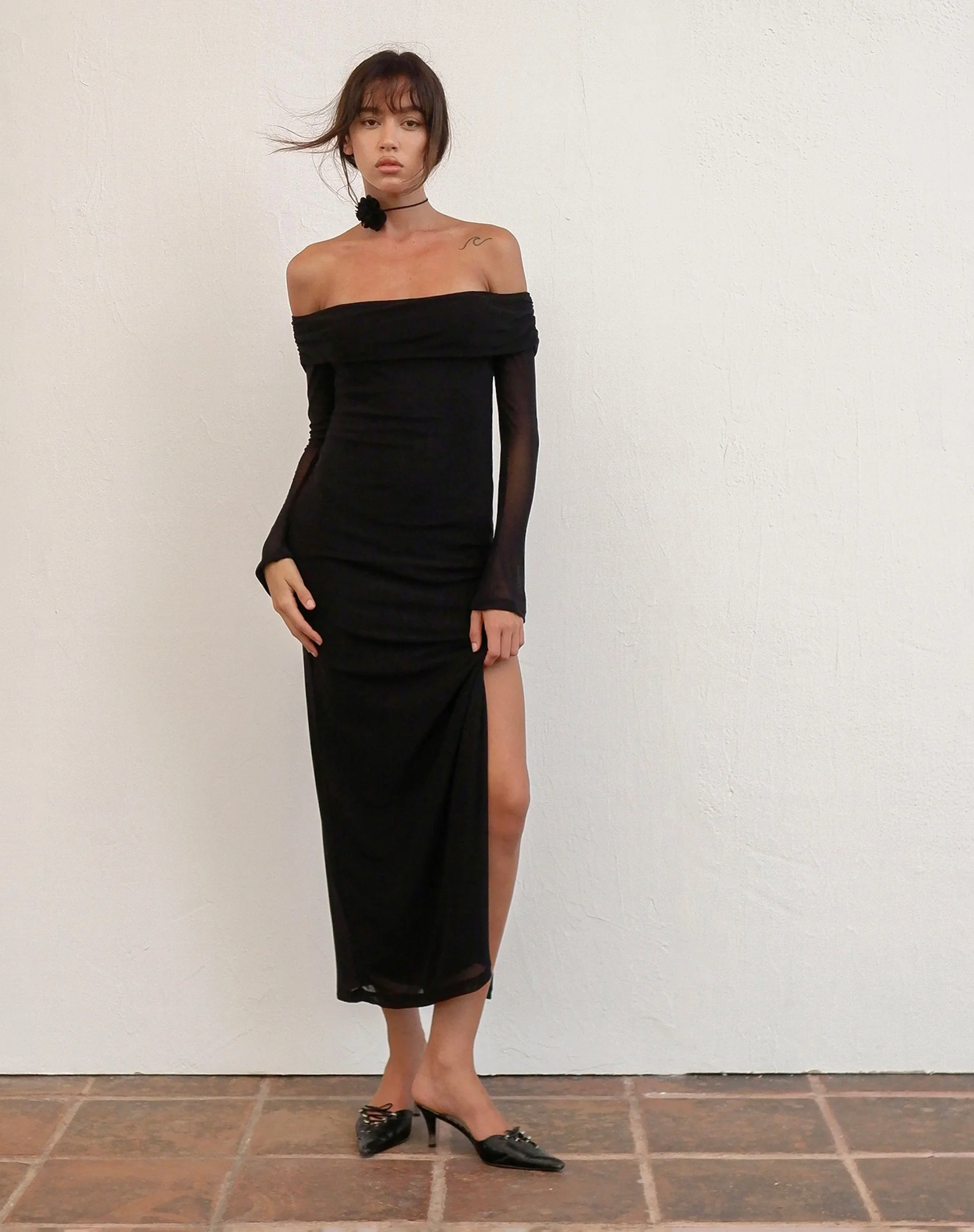 Terika Bardot Long Sleeve Maxi Dress in Mesh Black - Image 2