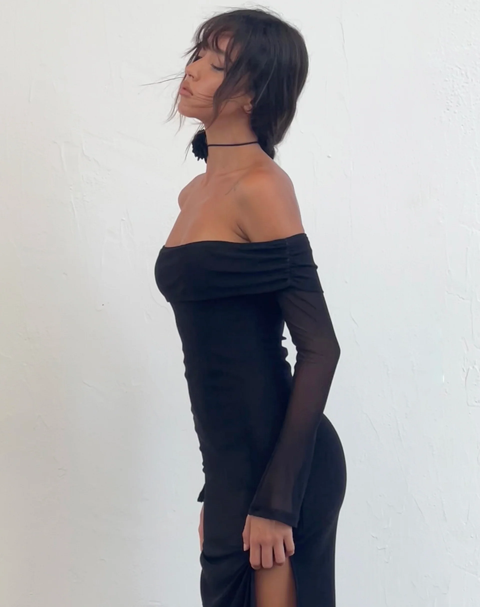 Terika Bardot Long Sleeve Maxi Dress in Mesh Black - Image 3