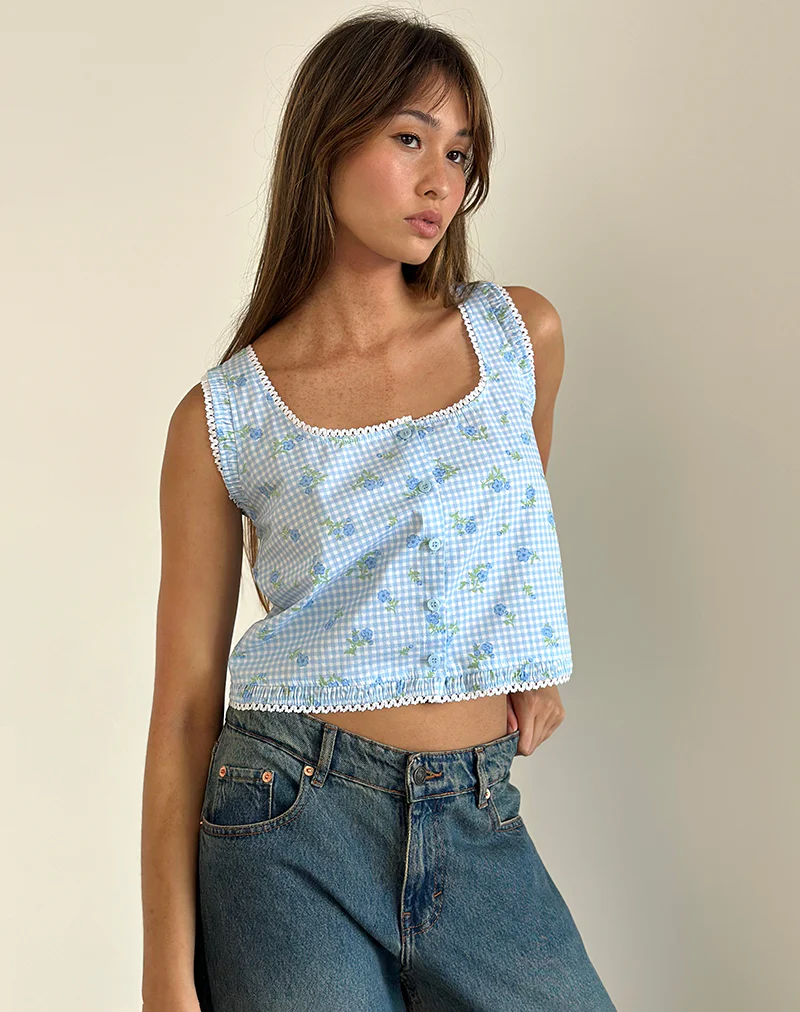 Ternya Top in Blue Flower Gingham - Image 3