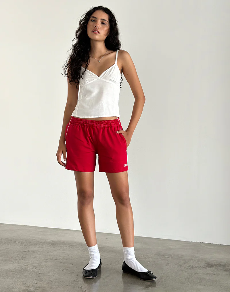 Thera Shorts in Tango Red with Off White Piping and M Emb - Image 3