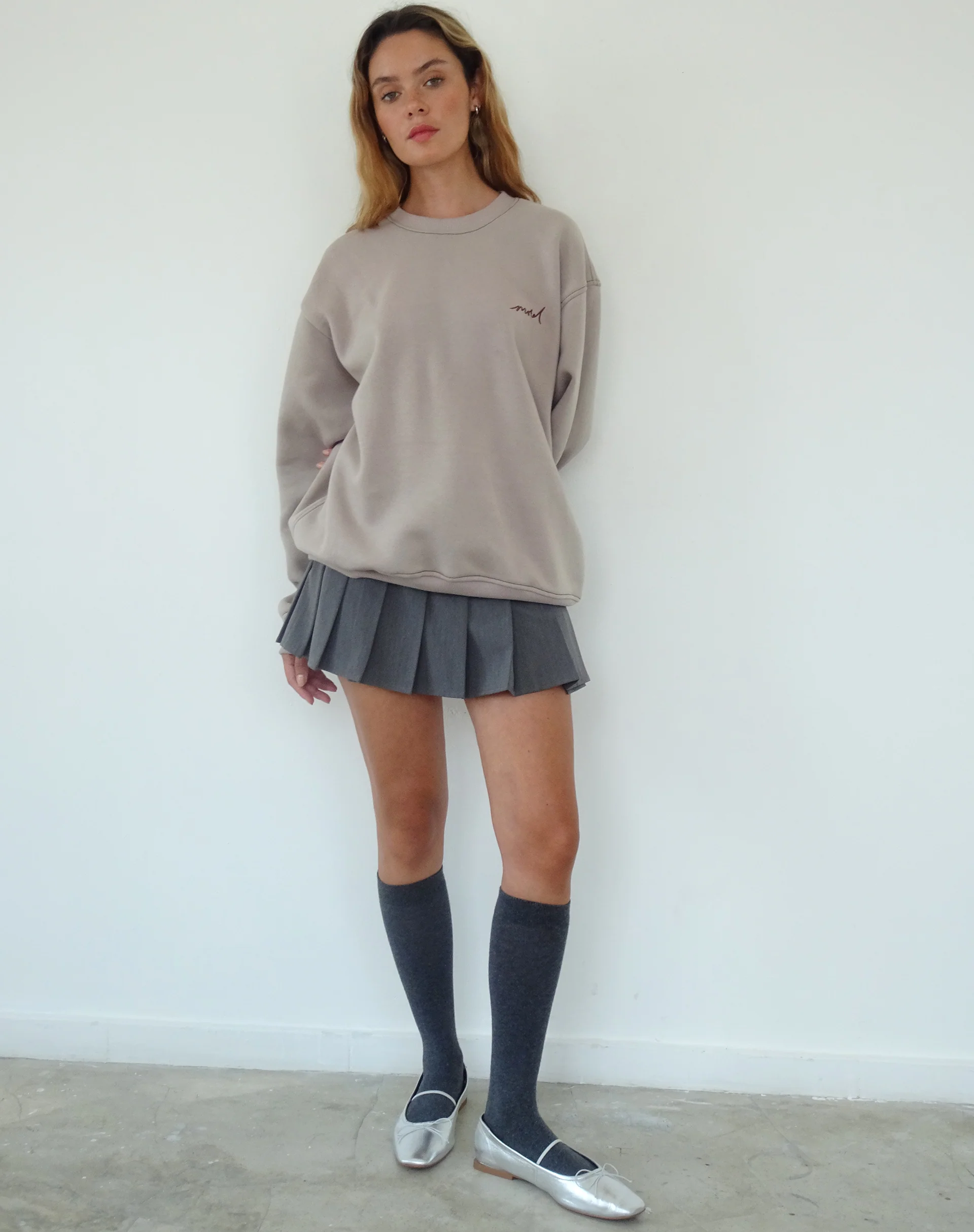 Tillie Sweatshirt in Mushroom with Brown Motel Embroidery - Image 4
