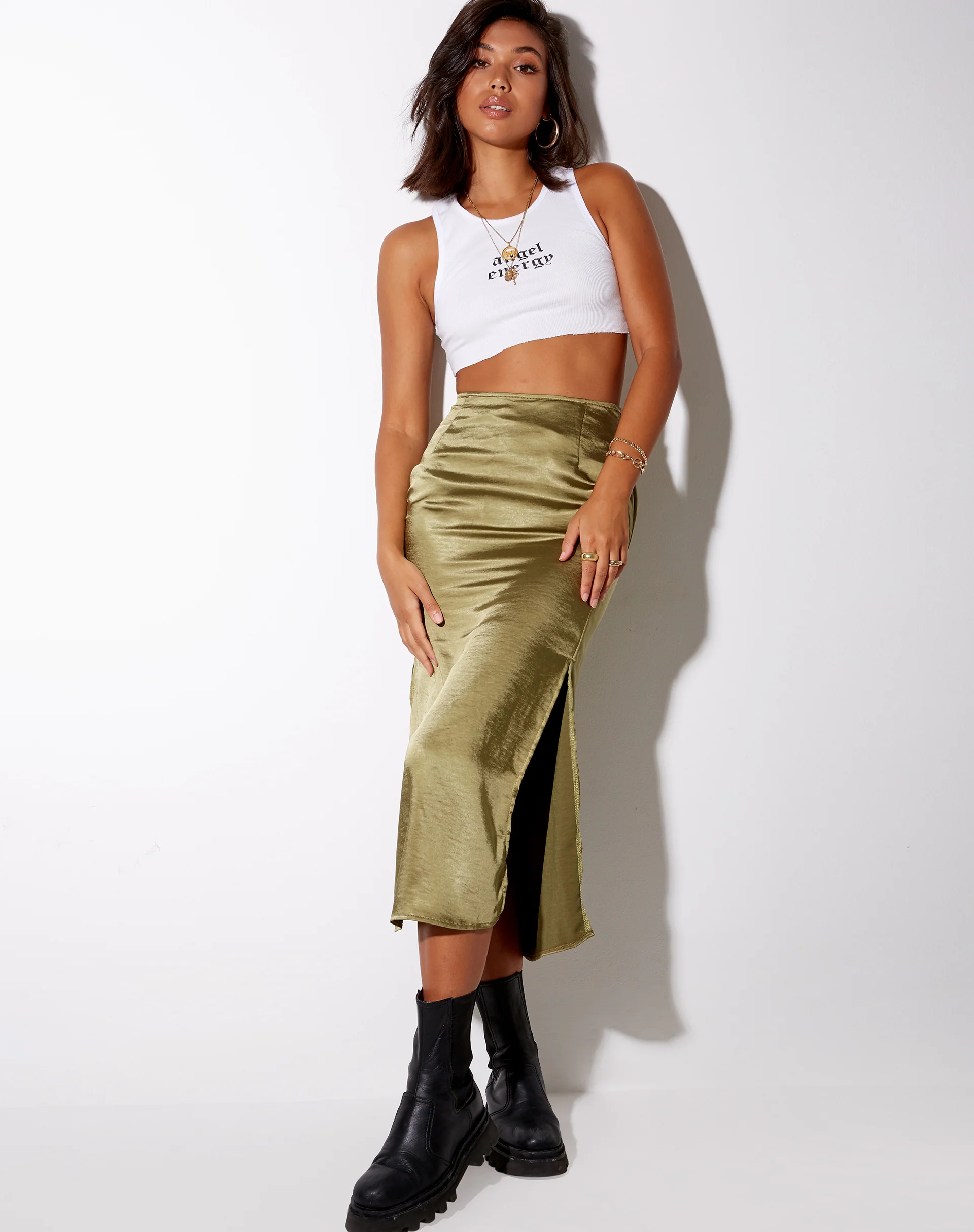 Tindra Midi Skirt in Satin Olive - Image 5