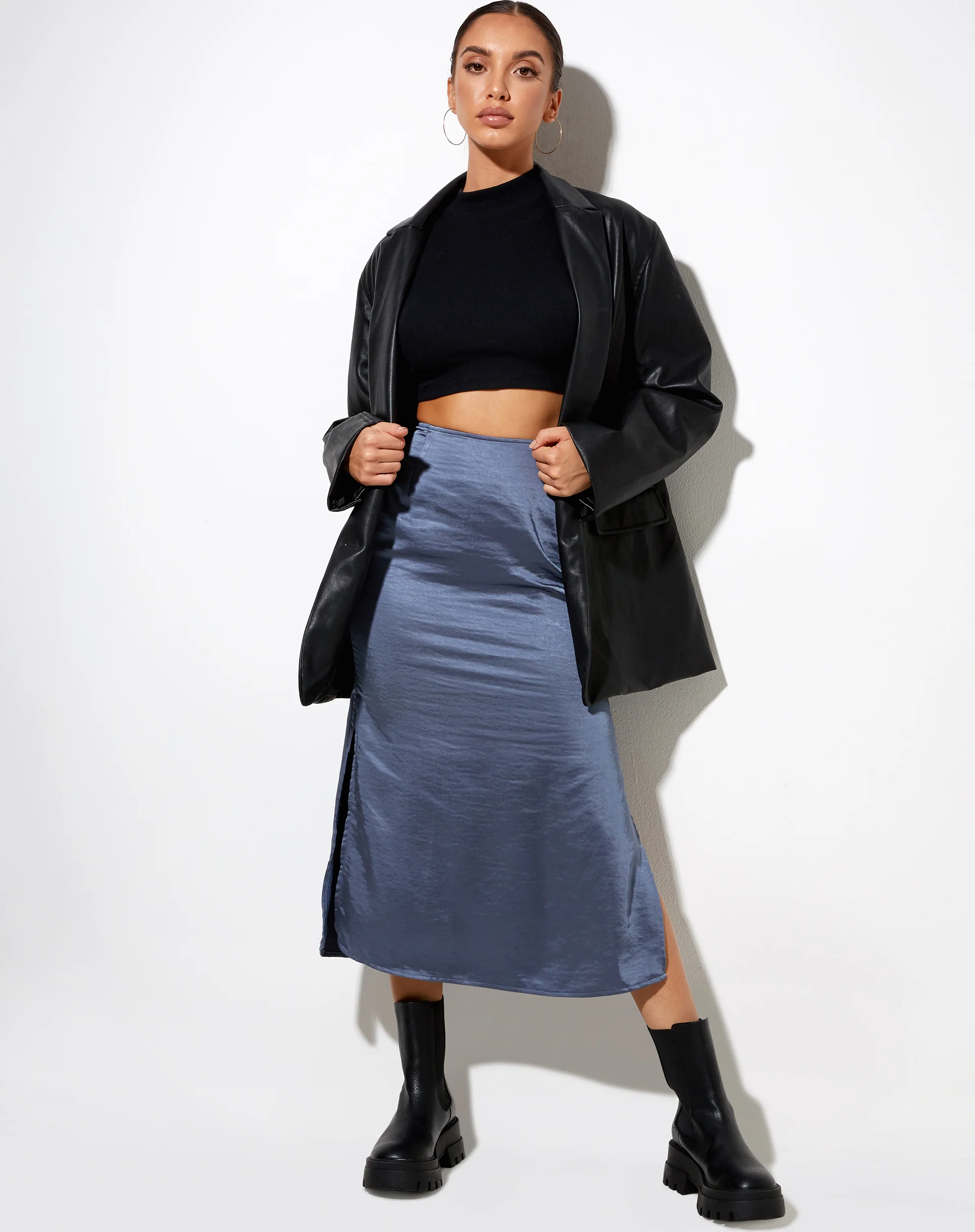 Tindra Midi Skirt in Satin Slate Blue - Image 3