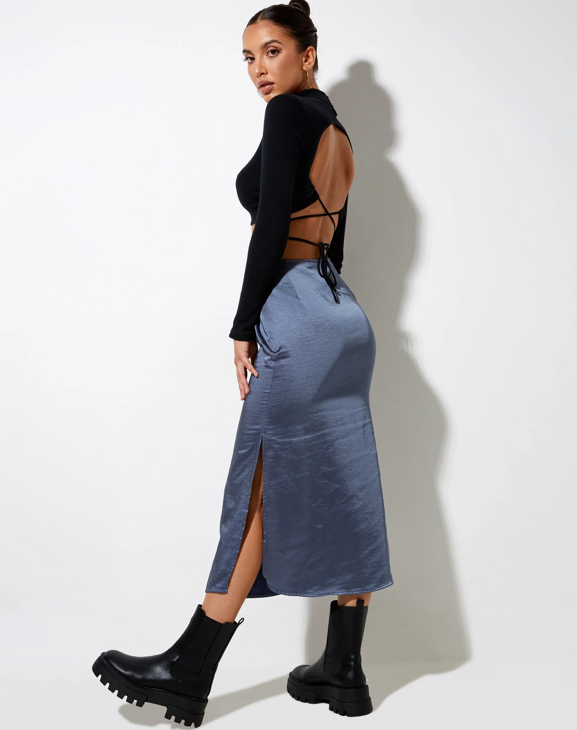 Tindra Midi Skirt in Satin Slate Blue - Image 4