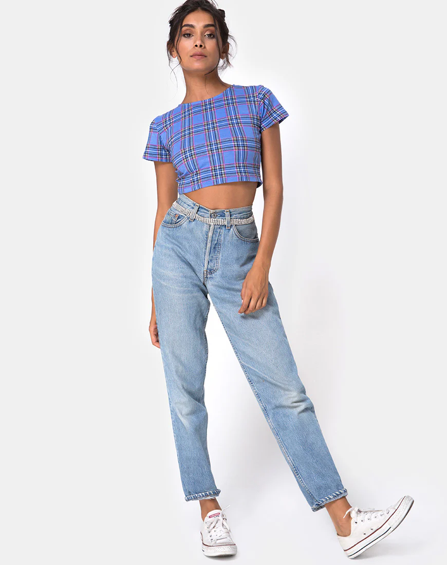 Tindy Crop Top 90's Check Blue Pink - Image 3