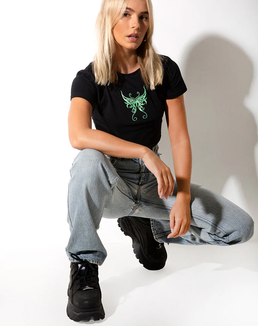 Tindy Crop Top in Black with Butterfly Green Embro - Image 2