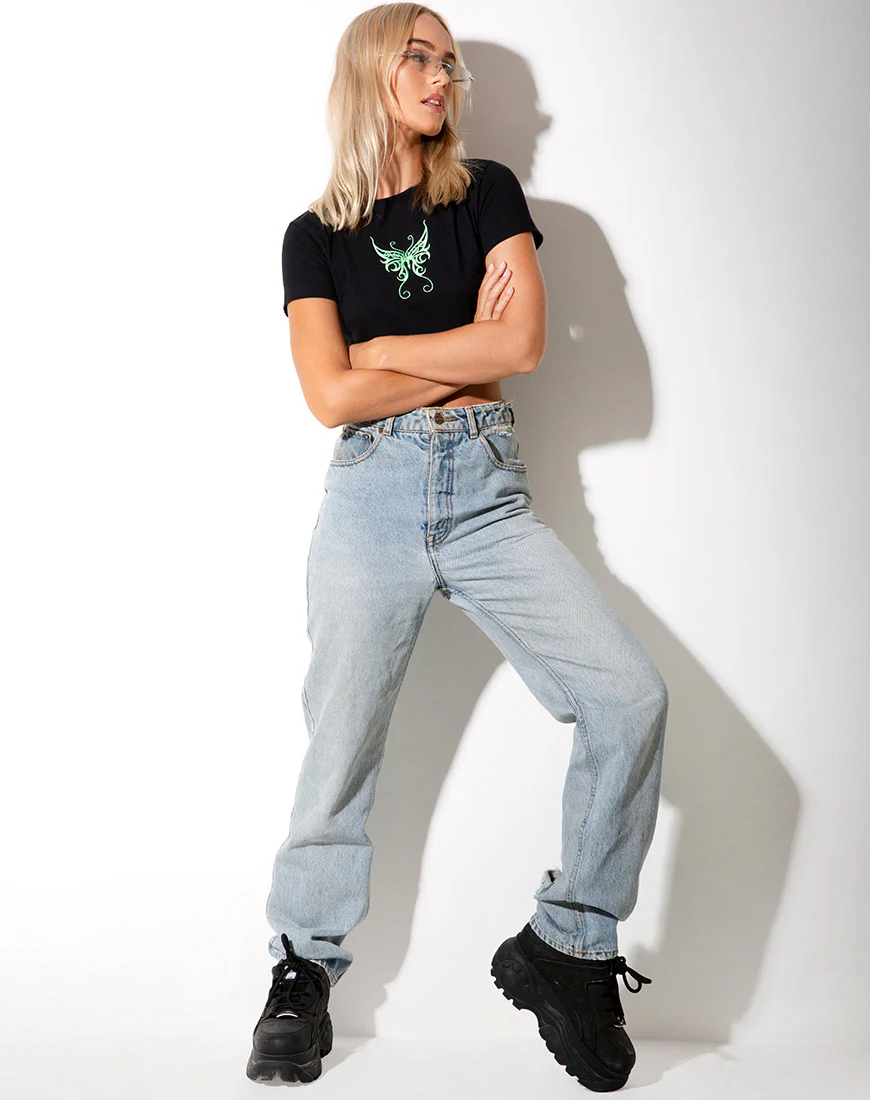 Tindy Crop Top in Black with Butterfly Green Embro - Image 3