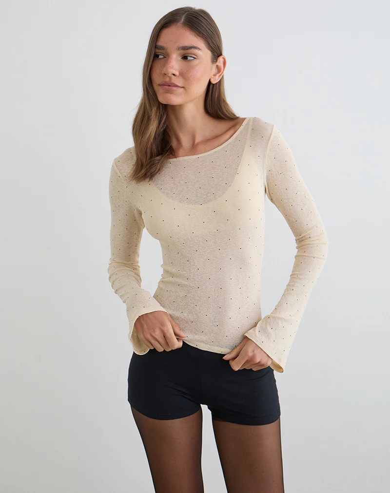 Tineko Long Sleeve Top in Polka Textured Jersey Beige - Image 2