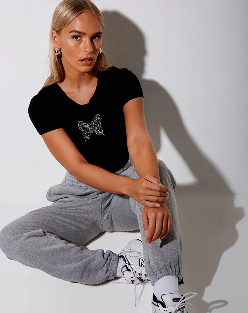 Tiney Crop Tee in Black Butterfly Hotfix - Image 2