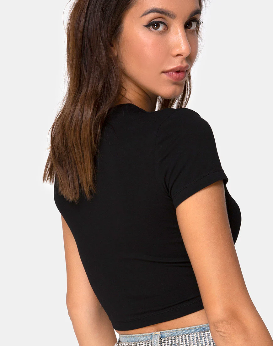 Tiney Crop Top Tee in Black with Diamante Hotfix - Image 2