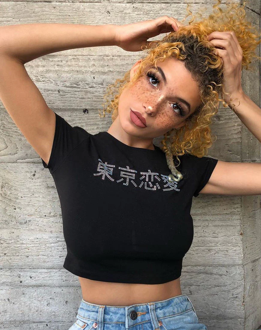 Tiney Crop Top Tee in Black with Diamante Hotfix - Image 3