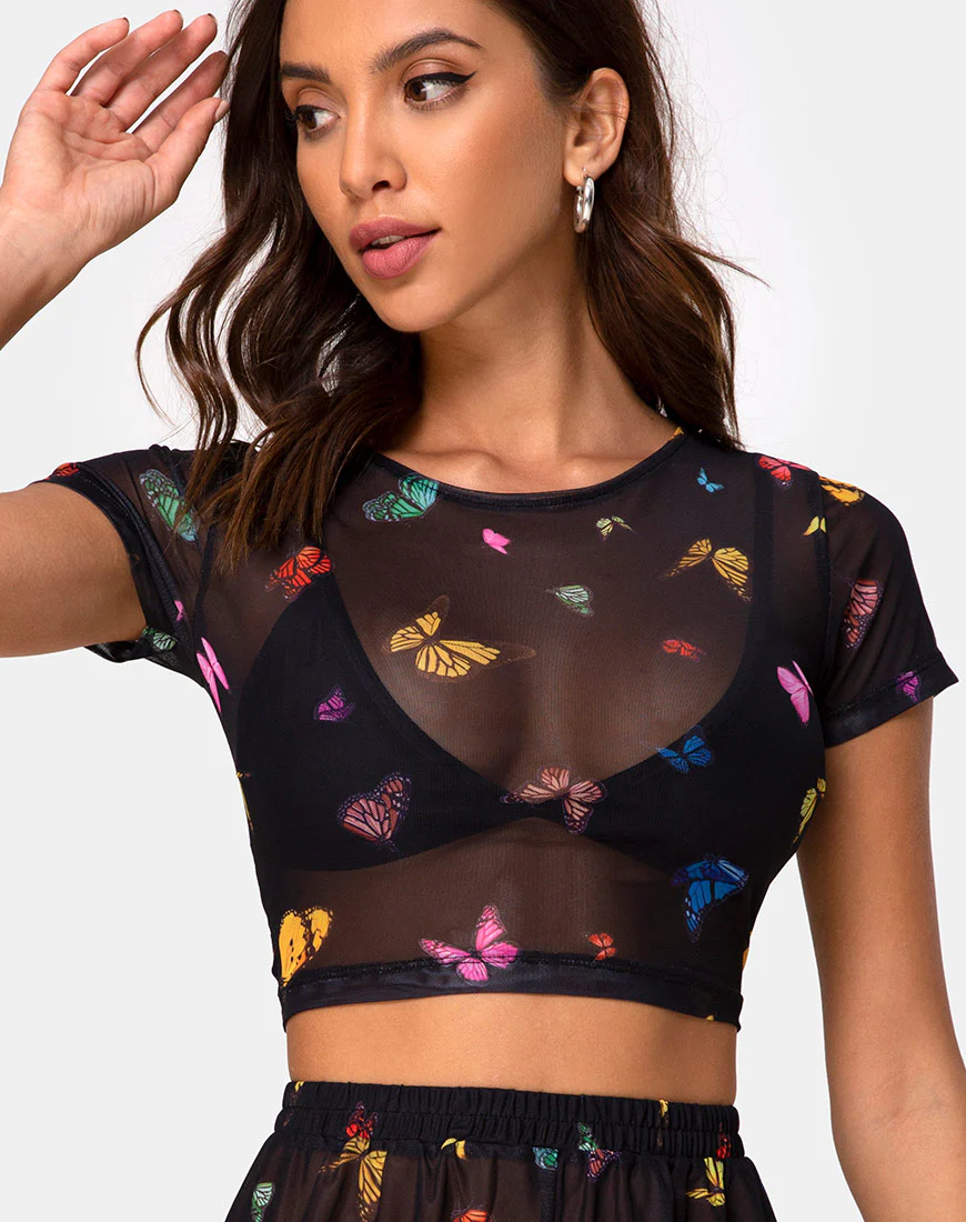Tiney Crop Top Tee in Mesh Black Butterfly - Image 2