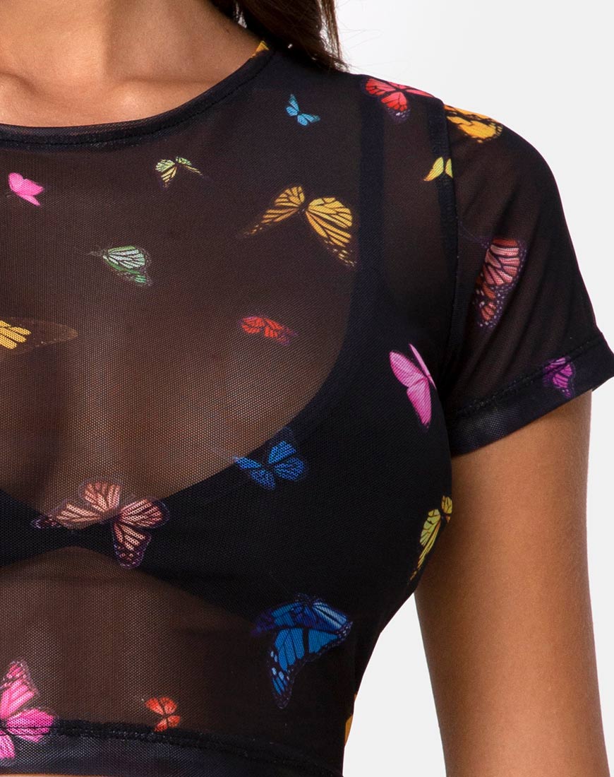 Tiney Crop Top Tee in Mesh Black Butterfly - Image 6